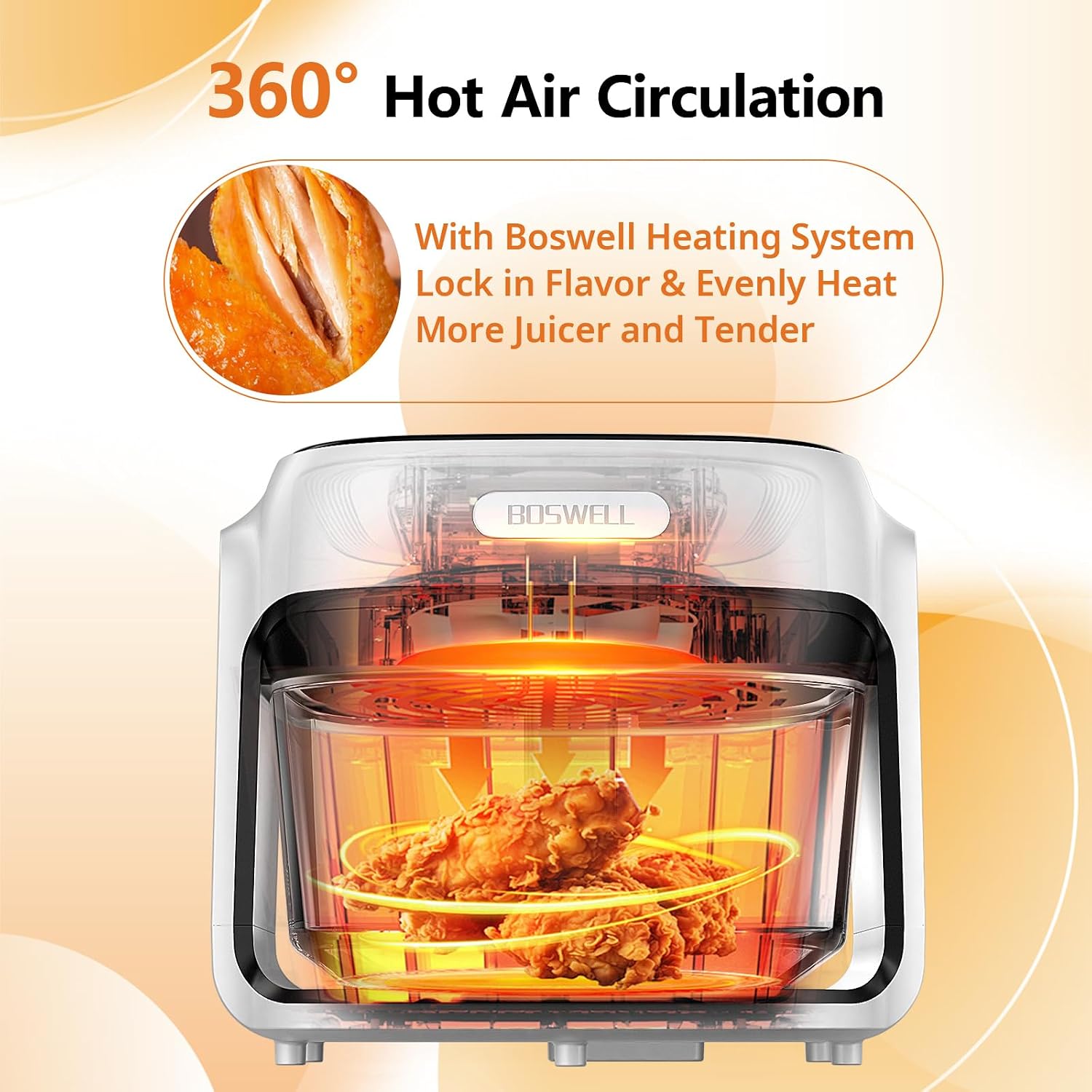BOSWELL Glass Air Fryer, 7.5QT Borosilicate Bowl with Circulating Heat, Digital Touchscreen, 400°F Max Temp, Oil-Free Fryer with Mist Function, Dishwasher Safe (White)