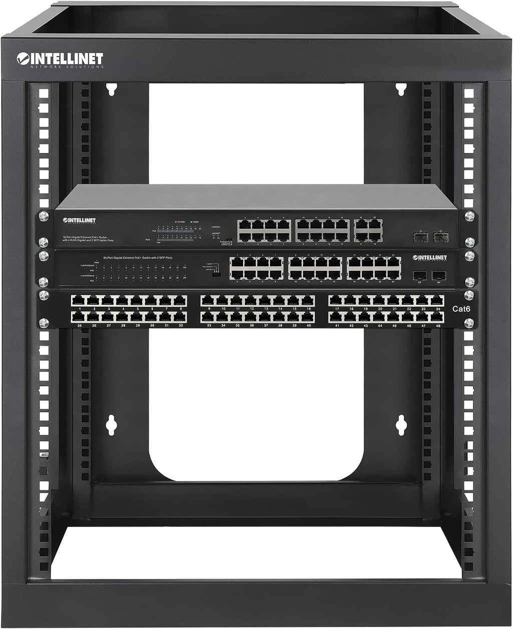 Intellinet 12U 19' 4 Post Open Frame Wall Mount Rack - 180 Degree Gate Swing, Pre-Assembled, Antistatic Powder Coated Steel – for IT Network Equipment & AV Devices – 3 Yr Mfg Warranty – 716055