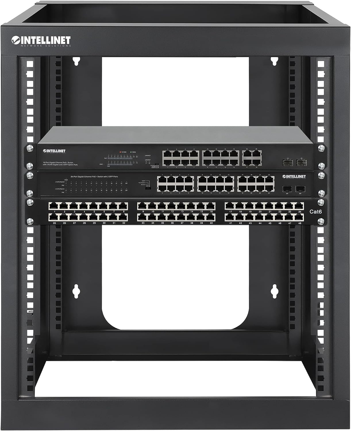 Intellinet 12U 19' 4 Post Open Frame Wall Mount Rack - 180 Degree Gate Swing, Pre-Assembled, Antistatic Powder Coated Steel – for IT Network Equipment & AV Devices – 3 Yr Mfg Warranty – 716055