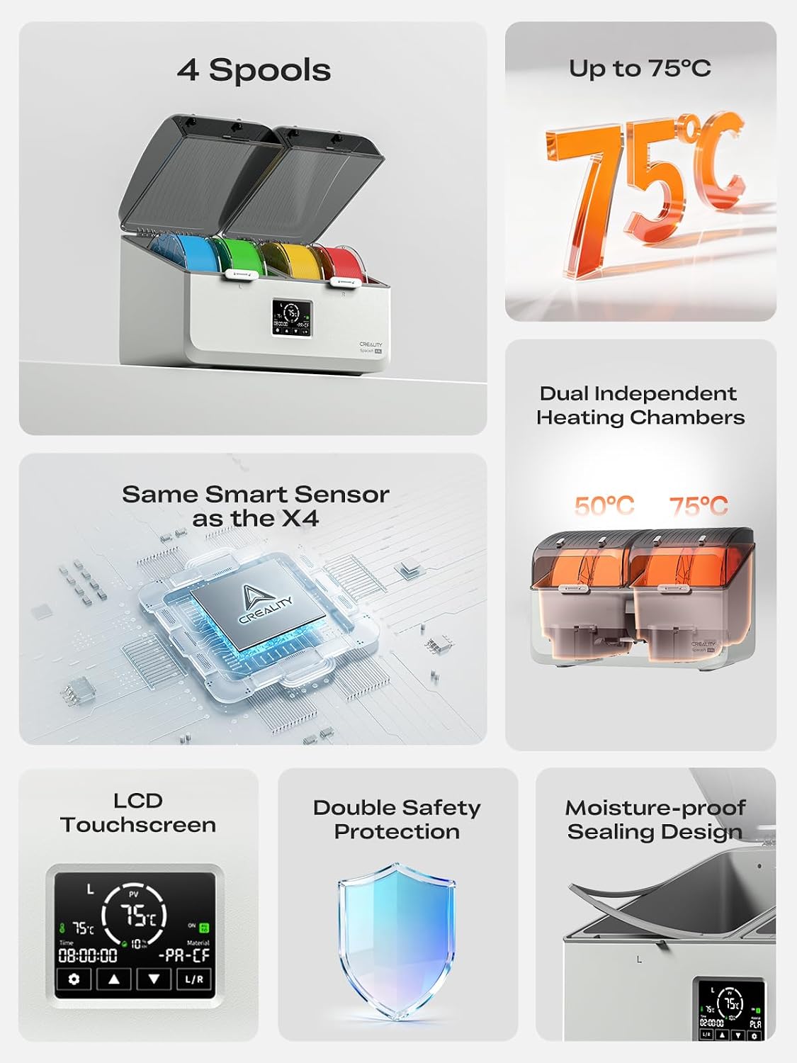 Creality Filament Dryer Box 4 Spools, Space Pi X4L Filament Storage Box, Max 85°C Temperature, Dual Independent Heating Chambers & Fan, Rapid Drying for PLA,PETG,TPU,ABS,PET,PC,ASA,PA,PAHT