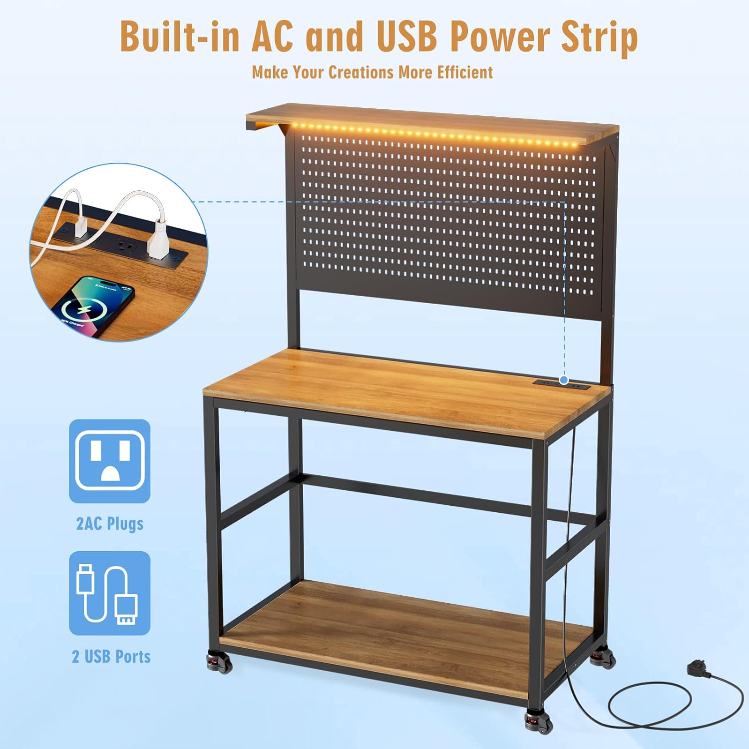 PAKASEPT 3D Printer Stand with Filament Storage Workbench,3D Printer Table with Charging Station & LED Lights,Heavy Duty Rolling Printer Desk with Pegboard for Workshop/Office/Garage