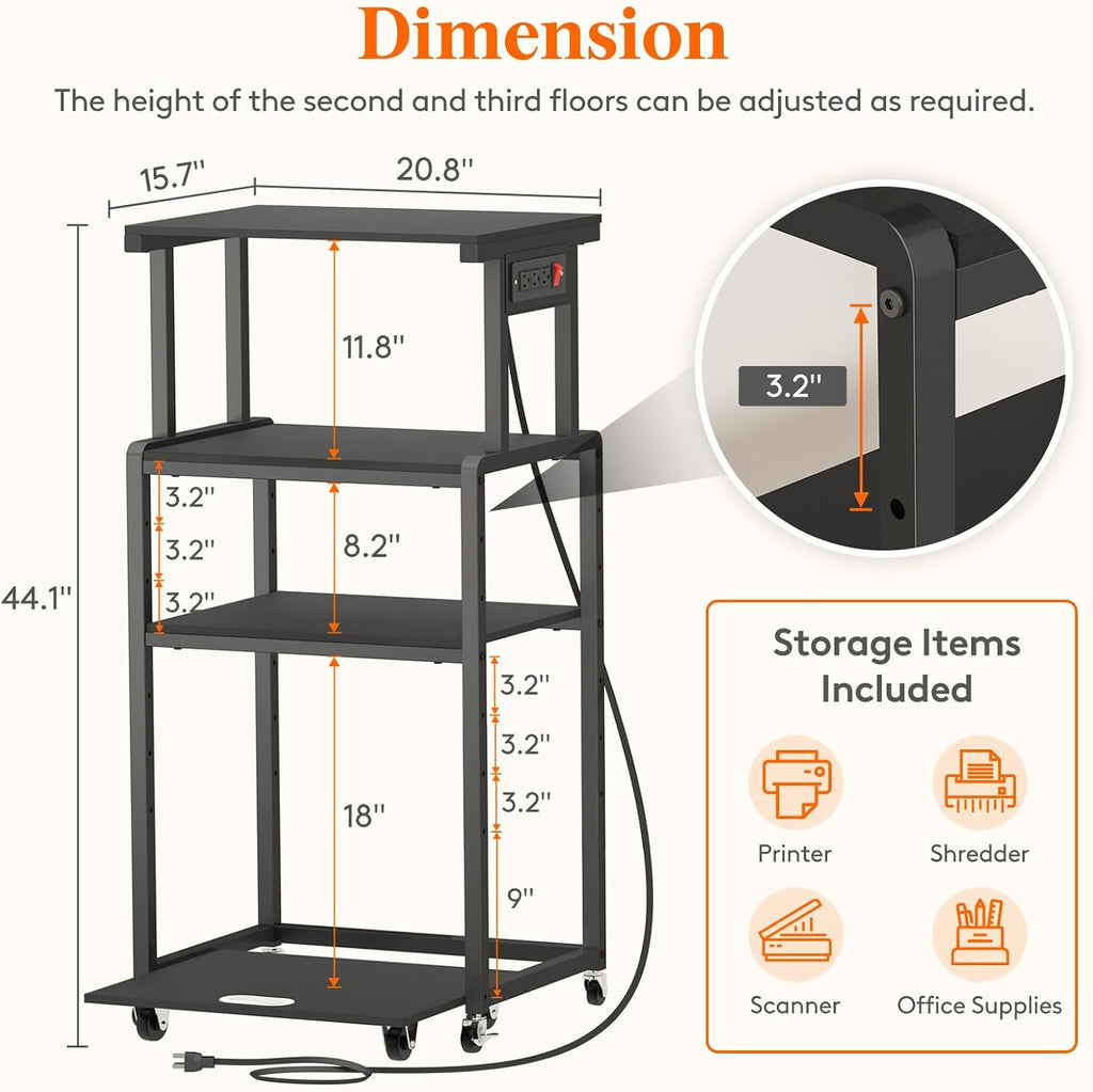 Lifewit 4 Tier Printer Stand with 3 Power Outlets, Wheels and Adjustable Storage Shelf for Home Office, Rolling Printer Cart for Shredder, Scanner, Fax, Hold 340lbs, Black