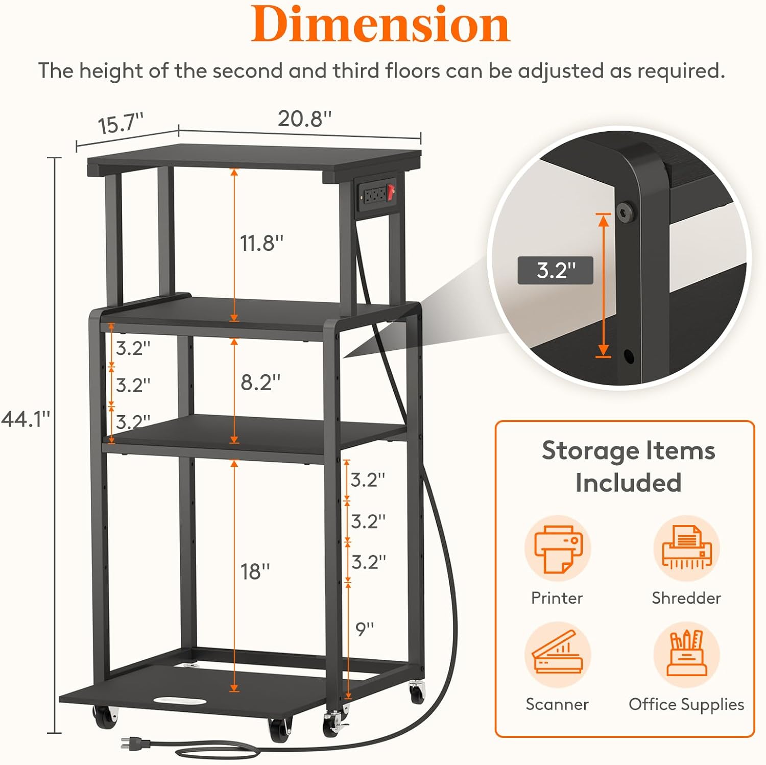 Lifewit 4 Tier Printer Stand with 3 Power Outlets, Wheels and Adjustable Storage Shelf for Home Office, Rolling Printer Cart for Shredder, Scanner, Fax, Hold 340lbs, Black