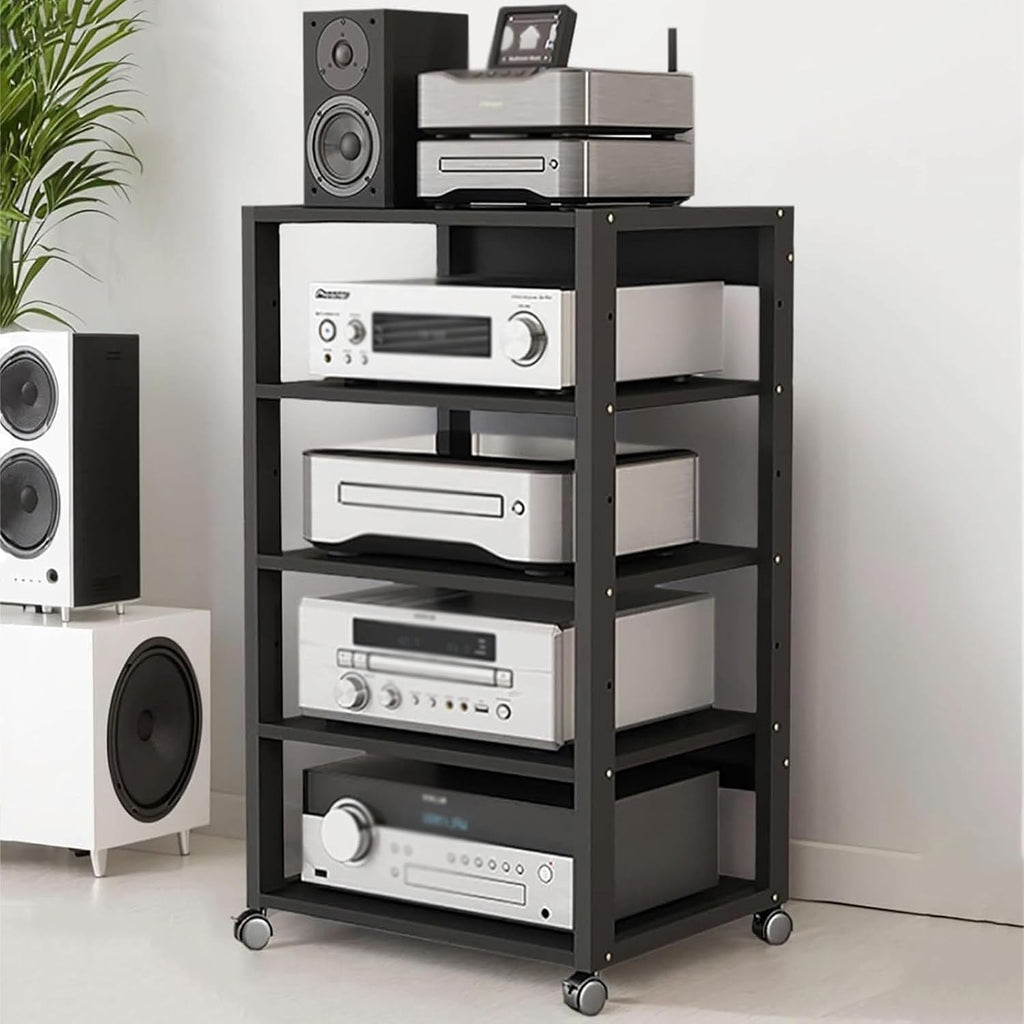 5 Tier Audio Rack Tower, CD Record Player Stereo Receiver AV Equipment Cabinet Display Rack, Weight Capacity 661 lbs, with Adjustable Wooden Shelves for Home (5 Tier Black)