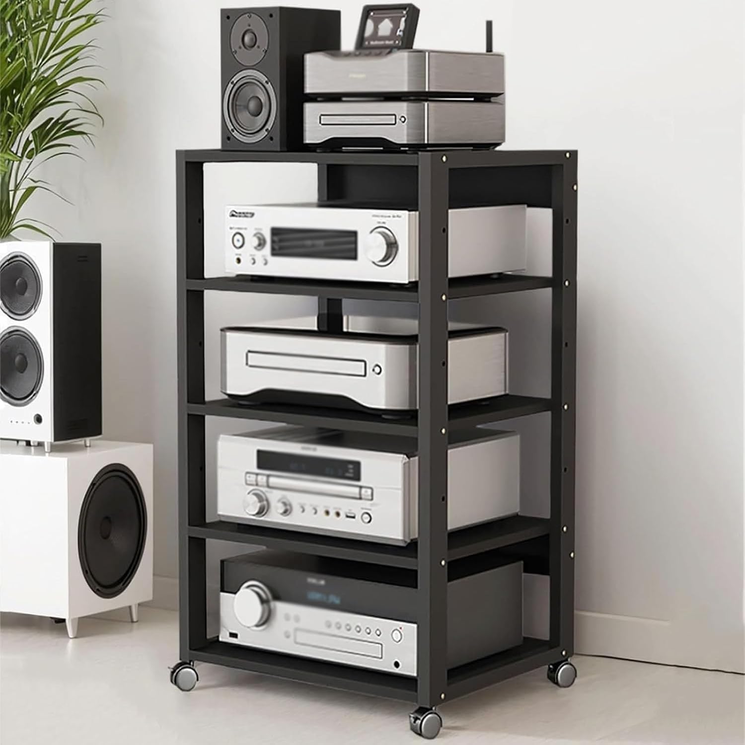 5 Tier Audio Rack Tower, CD Record Player Stereo Receiver AV Equipment Cabinet Display Rack, Weight Capacity 661 lbs, with Adjustable Wooden Shelves for Home (5 Tier Black)