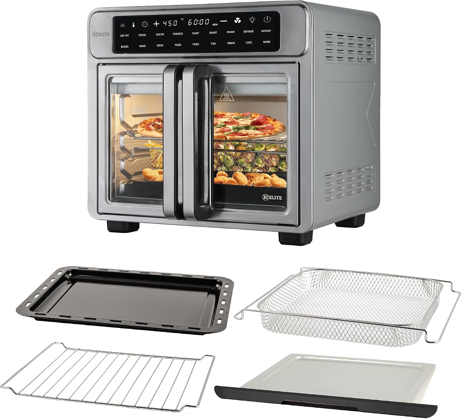 Kitchen Elite 26 Quart French Door Air Fryer Oven – Family Size Countertop Convection Cooker with LED Display, Stainless Steel