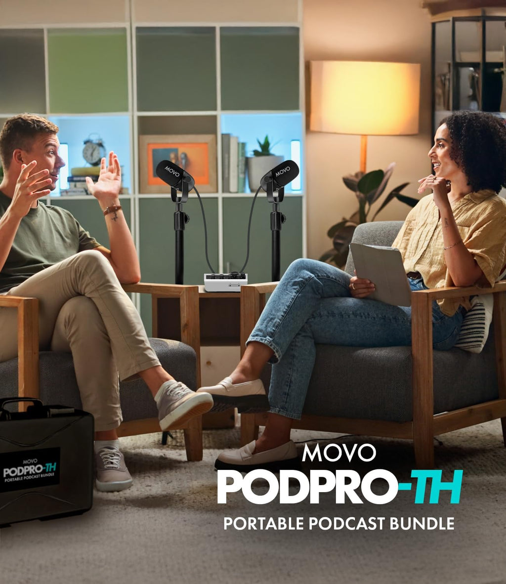 Movo Portable Podcast Equipment Bundle for iPhone/Android Phones- Podcast Kit with Audio Interface, 2 CastMic Dynamic Mics, 2 Table Stands - For Smartphones, Computers, PC, Mac - Lightning, USB, USB-C