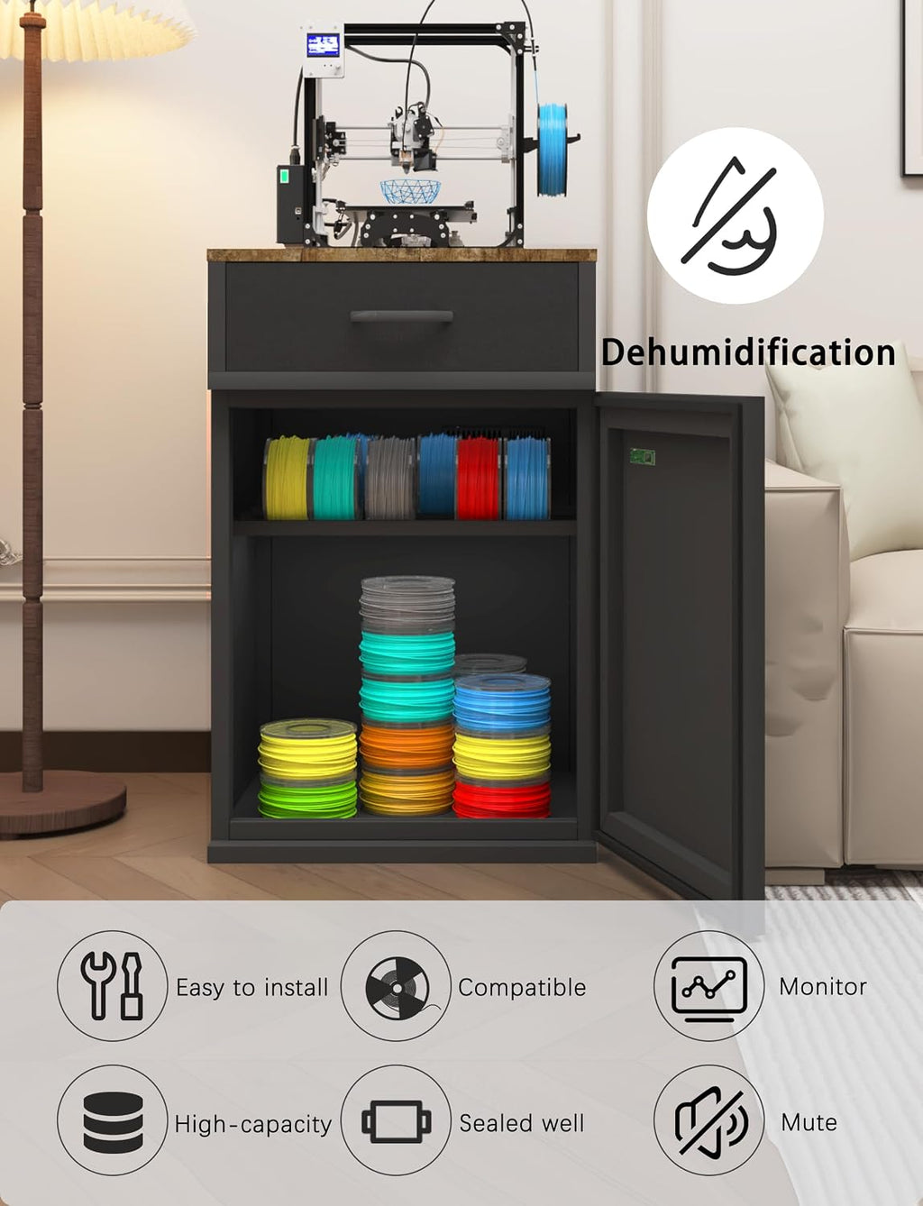 3D Printer Stand Filament Storage,25% RH Control 40 Rolls Filament Dehumidification Cabinet 3D Printing Sealing and Protection for PLA/ABS/TPU/Nylon (Black)