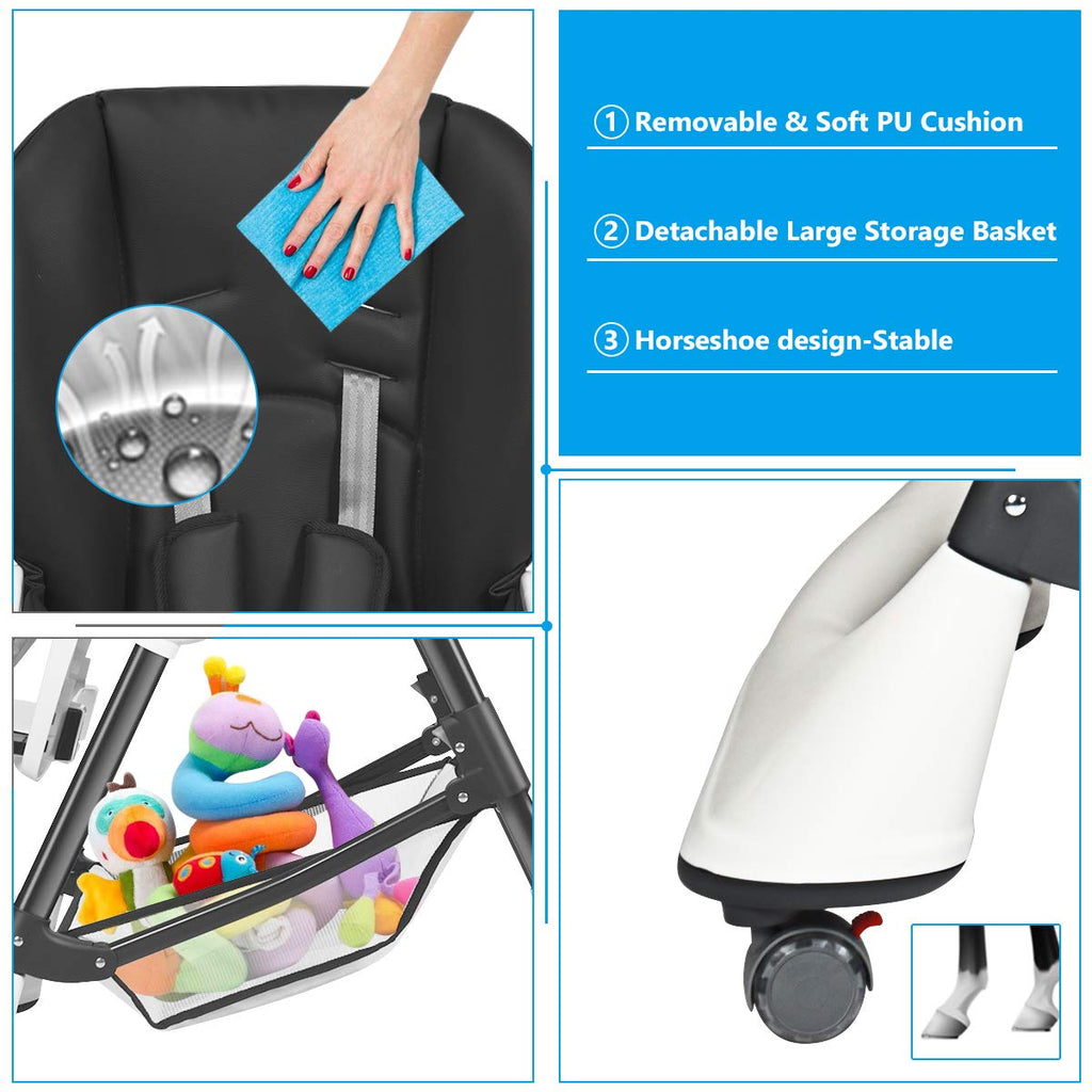 INFANS High Chair with One-Hand Removable Tray, 4 Lockable Wheels & Large Storage Basket - Multi-Adjustable Height, Recline & Footrest, Removable Cushion, Foldable for Baby, Infant& Toddler, Grey