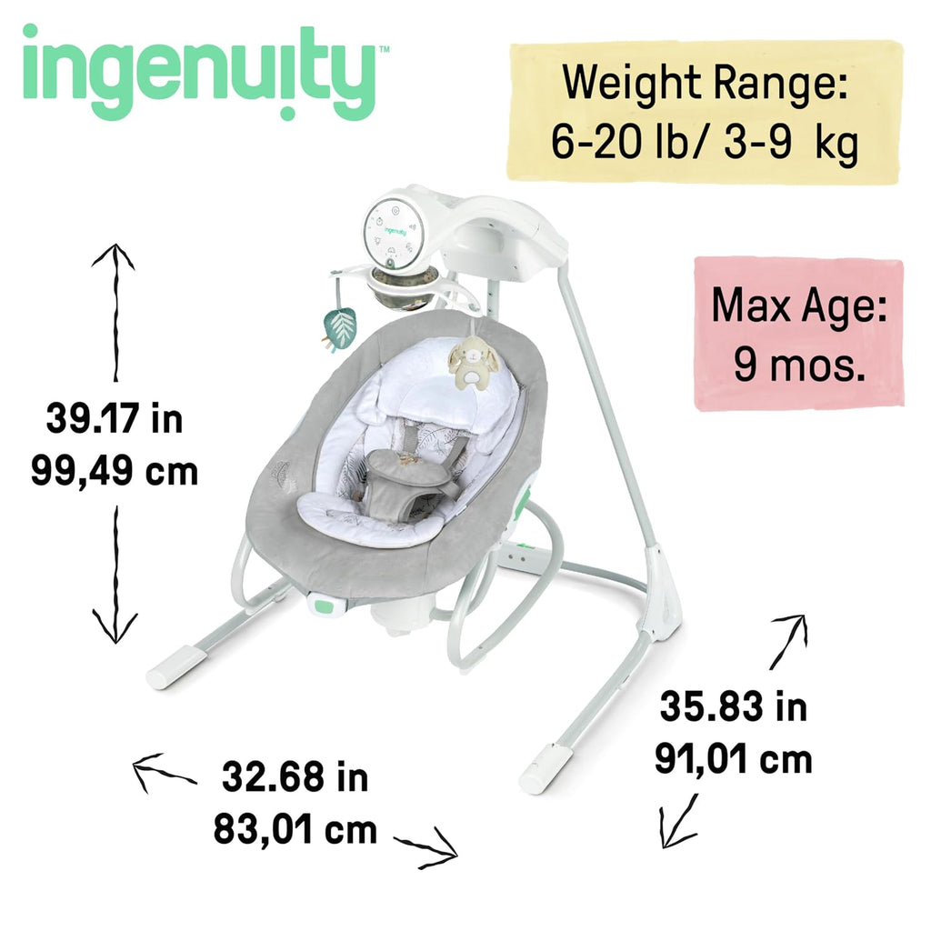 Ingenuity InLighten 2-in-1 Soothing Baby Swing & Rocker - Vibrating Swivel Infant Seat, Soothing Sounds, Lights - Remy