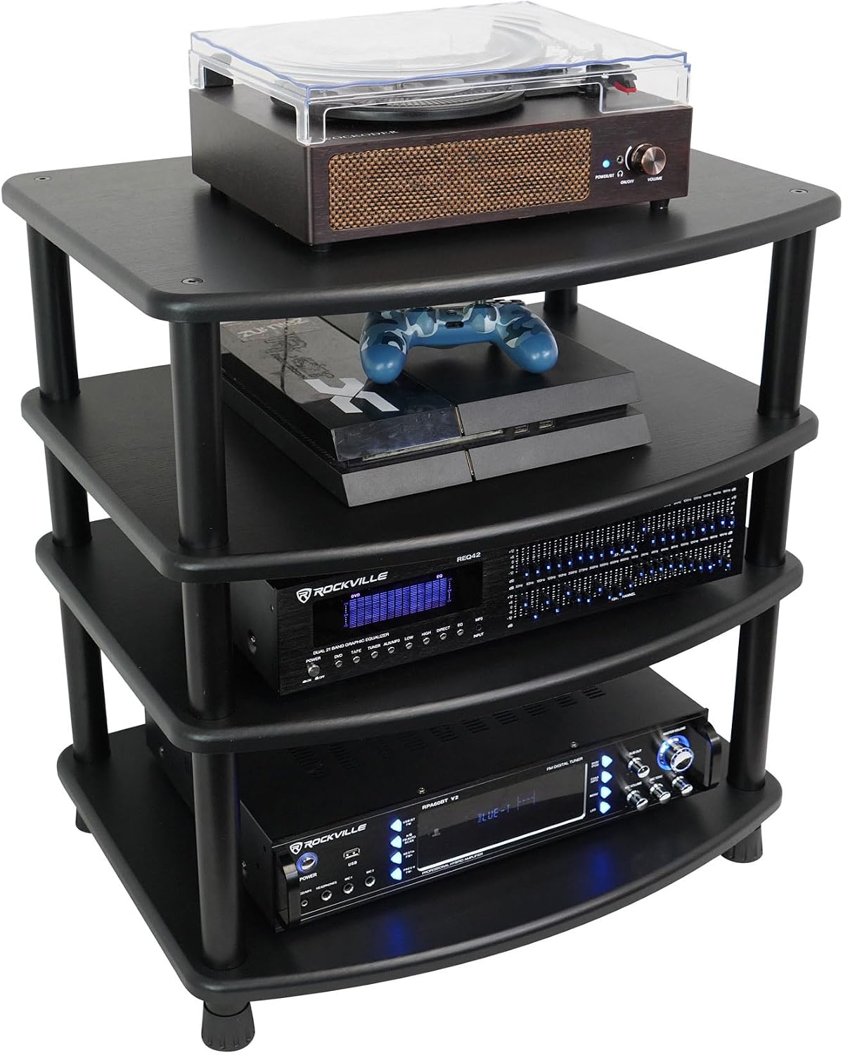 Rockville FLX Black Adjustable Height 4 Shelf Home Theater Audio Rack Stand, 24'x18', 300lb Limit, Steel Tubes, Perfect for Home Theaters, Studios