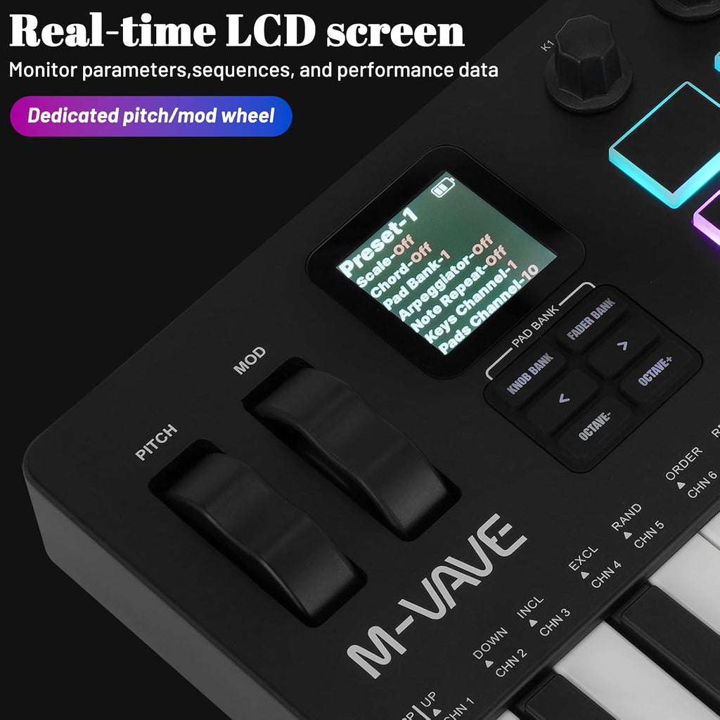 M-VAVE 37 Key USB MIDI Keyboard Controller With 16 Backlit Drum Pads, Bluetooth Semi Weighted Professional dynamic keybed 8 Knobs and Music Production,Software Included (37 Key Black)
