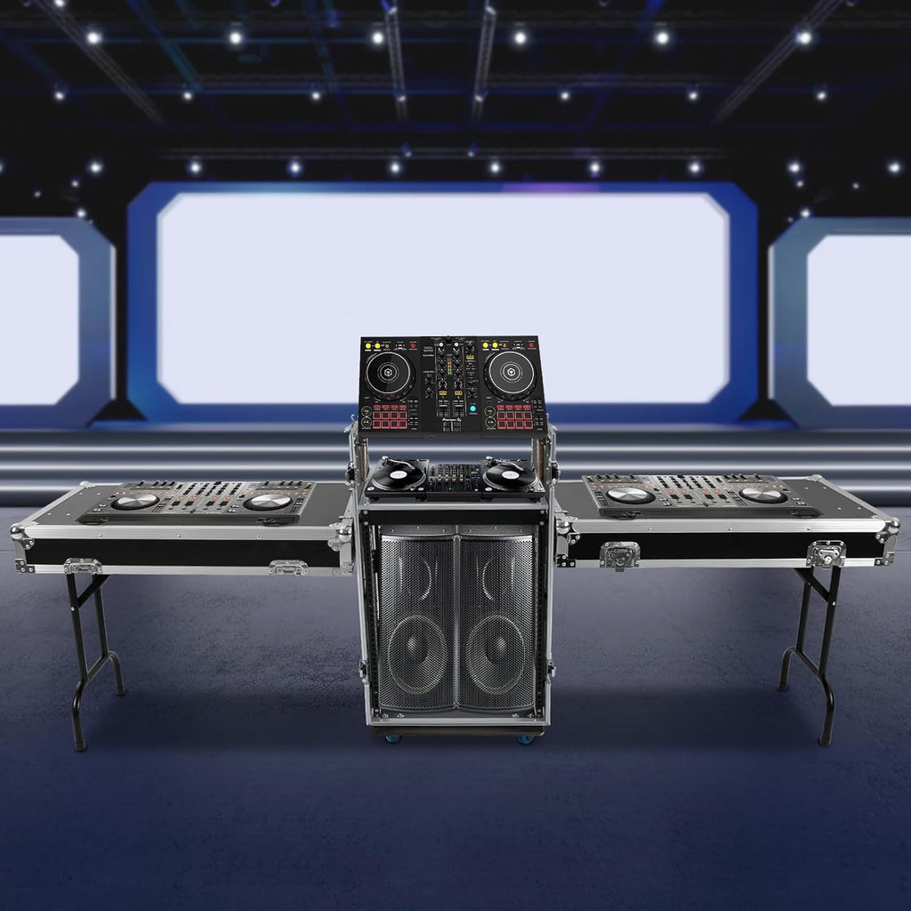 14U PA DJ Rack with 4 Wheels, Heavy-Duty Mobile Audio Equipment Cabinet with Side DJ Table Top, 661 lbs Capacity Studio Rack for Mixer, Amplifier, Speakers (14U /2 Side Tables)