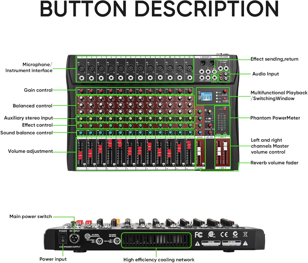 FULUODE 12 Channel Mixer Audio Console, CT-120S Professional Music Mixer DJ Mixing Board with Reverb Bluetooth MP3 Player 48V Phantom Power Supply USB Recording for Studio Karaoke Live Performance