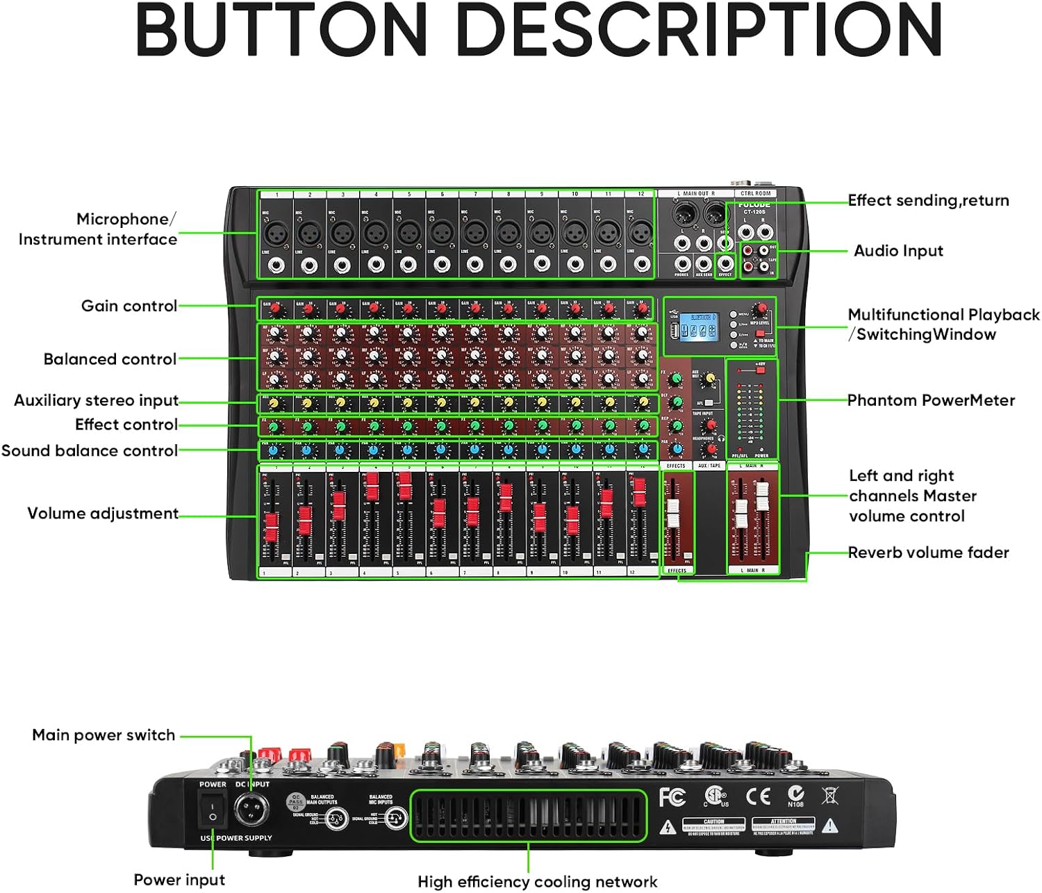 FULUODE 12 Channel Mixer Audio Console, CT-120S Professional Music Mixer DJ Mixing Board with Reverb Bluetooth MP3 Player 48V Phantom Power Supply USB Recording for Studio Karaoke Live Performance
