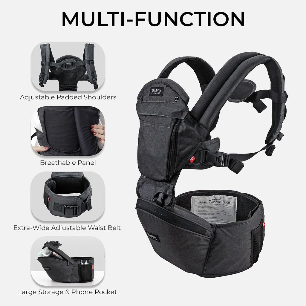 MiaMily Ergonomic Hip Seat Baby Carrier, 6 Carry Positions, Newborn to Toddler, Lumbar Support, Adjustable Waist Belt, Hipster Plus, Charcoal Grey