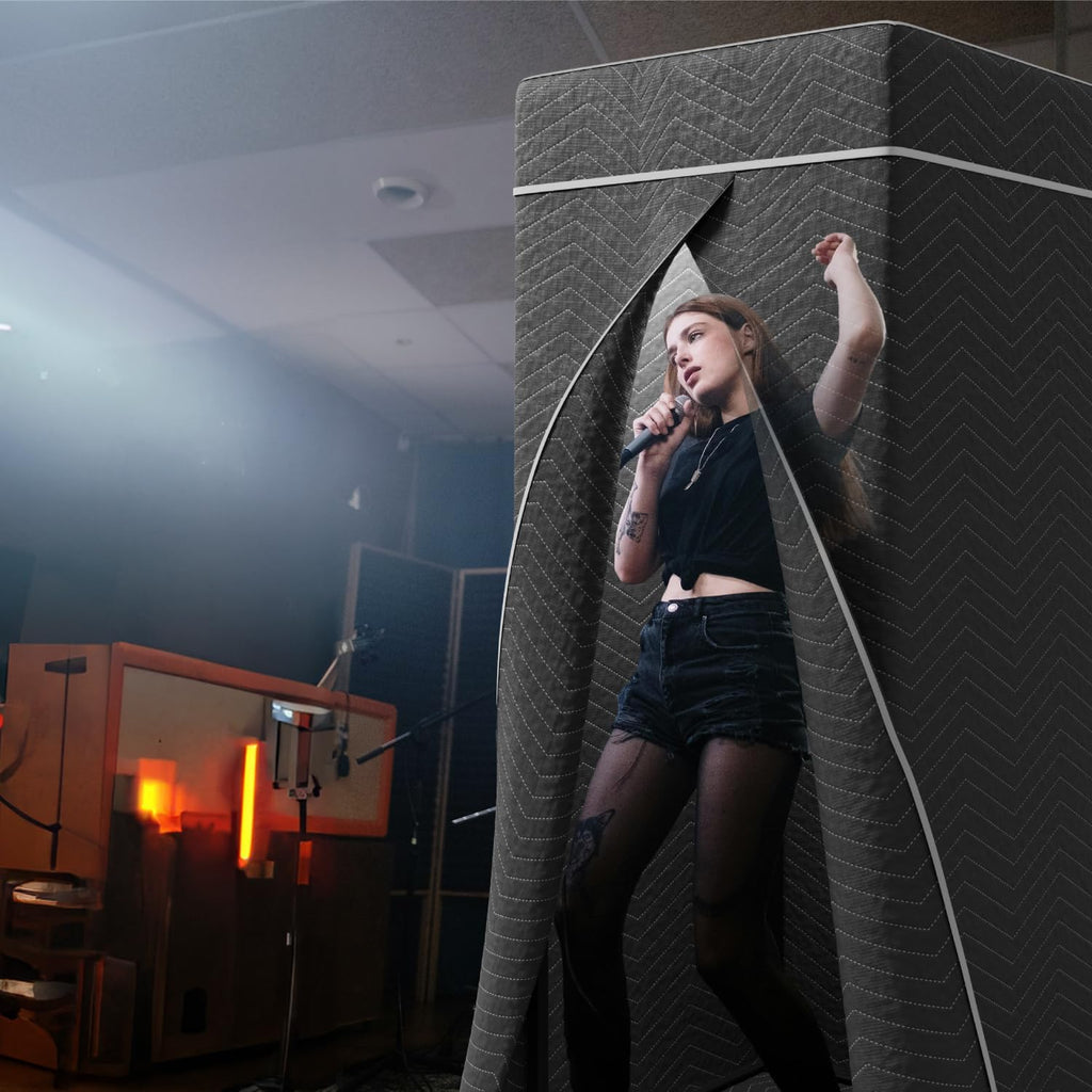 Portable Recording Booth for Home Studio, Foldable Sound Isolation Vocal Shield with Floor Stand, High-Density Acoustic Blanket Enclosure for Singing, Voiceover & Podcast, Includes Phone Holder
