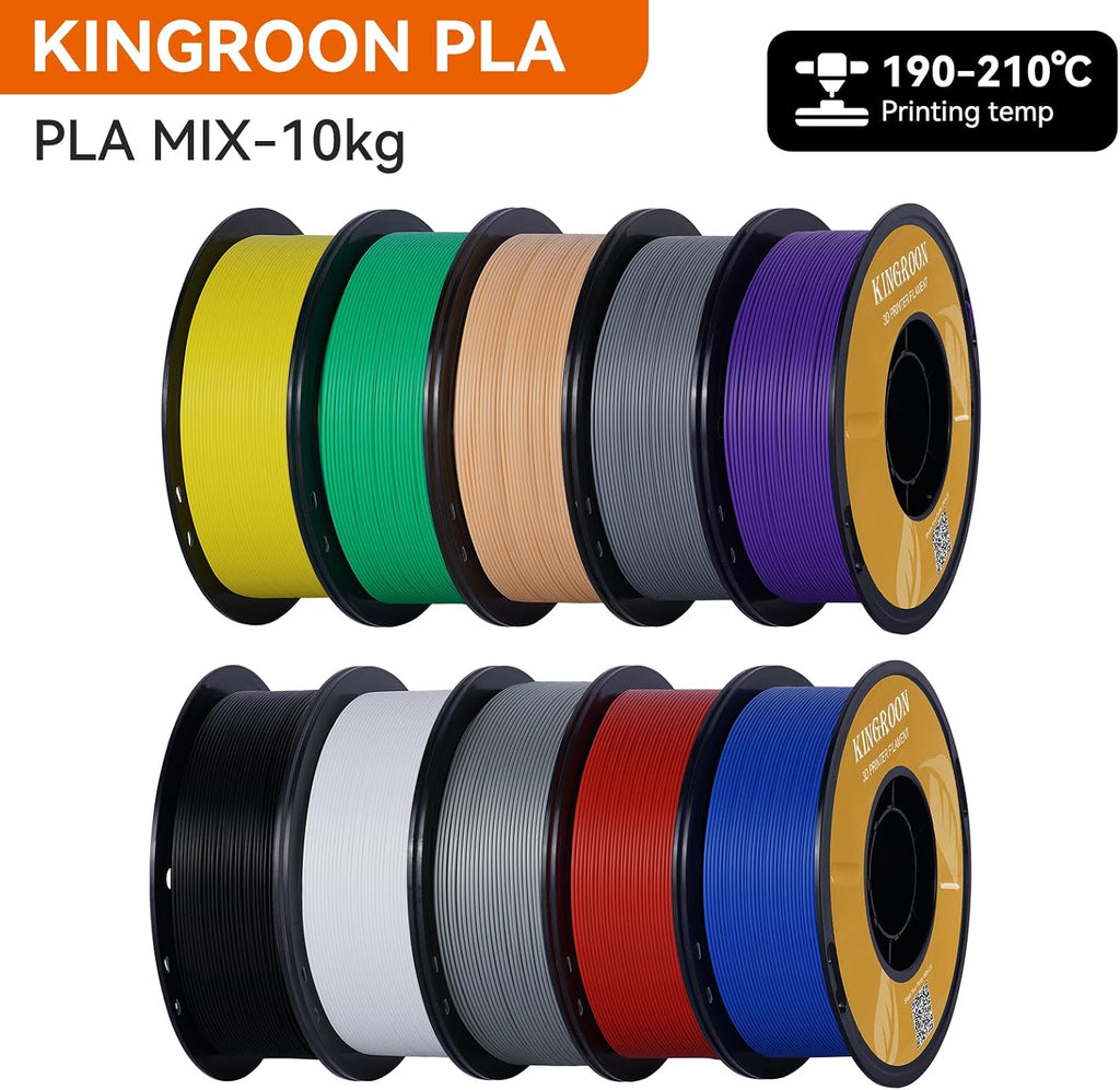 Kingroon PLA 3D Printer Filament, 10 Rolls, Dimensional Accuracy +/- 0.02 mm, 10kg Spool(22lbs), 1.75 mm，Black White Grey Red Blue Green Purple Skin Silver Yellow