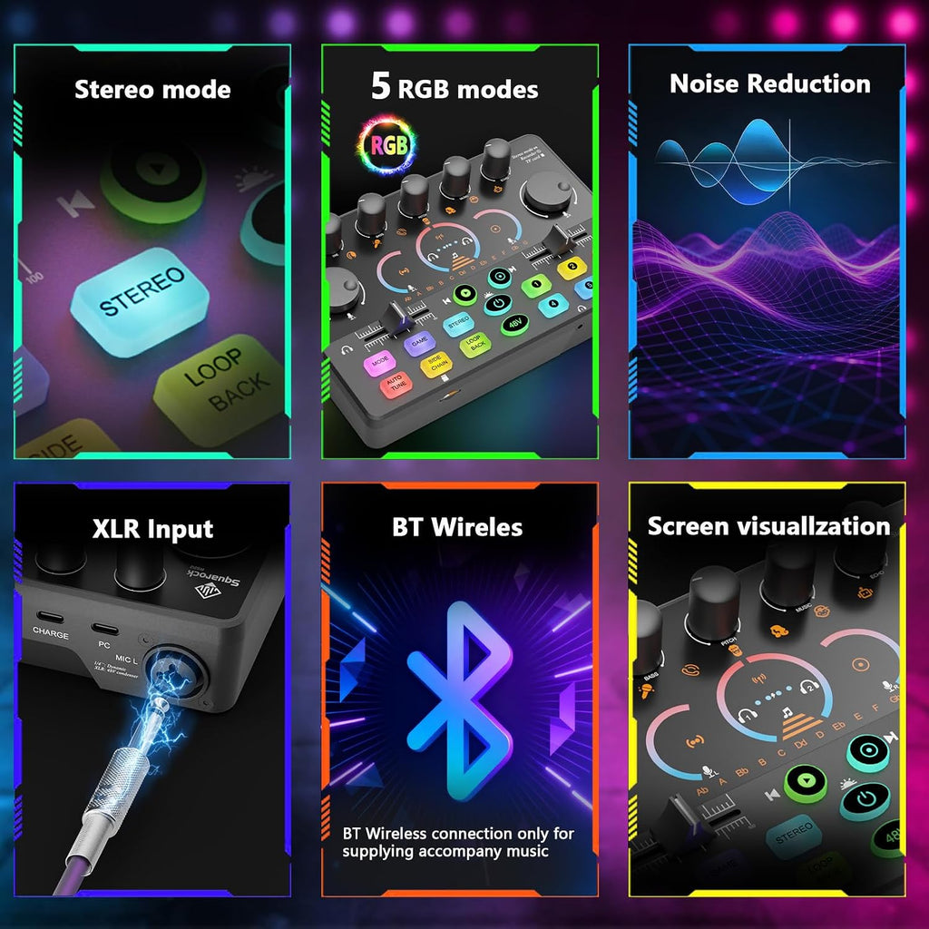 Podcast Equipment Bundle for 2, Audio Mixer with 8GB Memory Card and Dynamic Mics,RGB,Built-in Recorder, Customize Button, Stereo for Vocal Recording Podcasting,Streaming Camera, PC, Phone.(RS2i2)