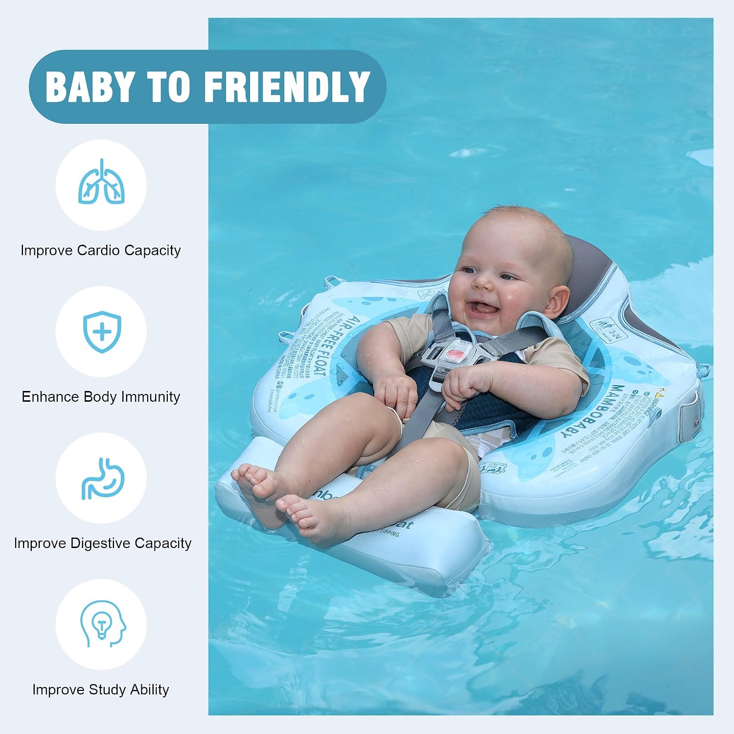 Mambobaby Baby Pool Float with Removable Sun Canopy - Non Inflatable Infant Swim Float with Anti-Flip Tail Design, Waterproof & Skin-Friendly Baby Float for Swimming (3-24 Months)