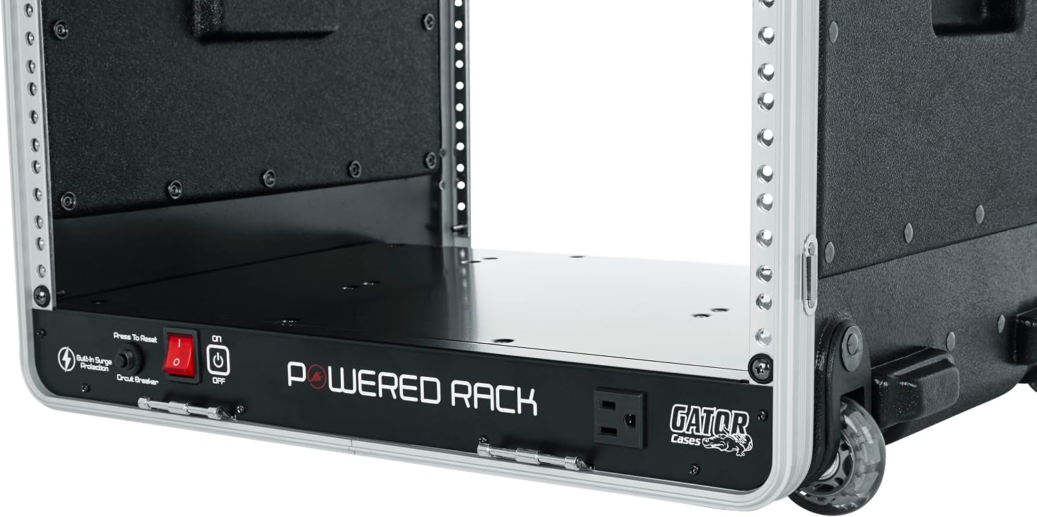 Gator Cases Lightweight Molded 10U Rack Case with Built-in Power Supply, Heavy Duty Latches, Retractable Tow Handle, and Recessed Wheels, 19.25' depth (GRR-10PL-US)