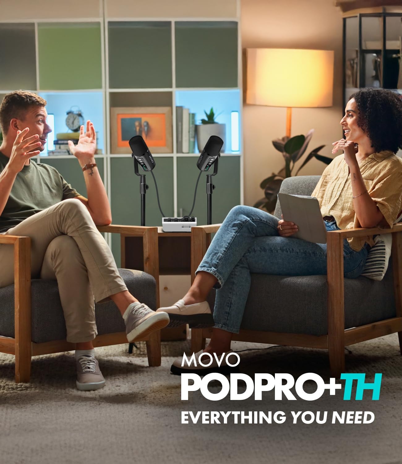 Movo PodPro+ Podcast Equipment Bundle for iPhone & Android – Professional Podcast Kit with Audio Interface, 2 Dynamic Mics, 2 Headphones, and Table Stands – Compatible with Smartphones, PC, and Mac