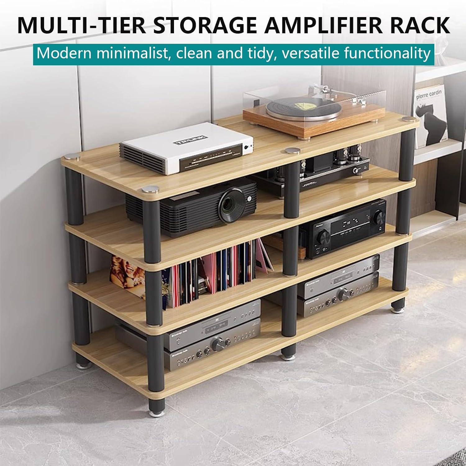 AV Media Stand, Stereo Rack with Thickened Board, Multi-Tier Open Storage Stereo Cabinet, Audio-Video Rack with Metal Tube, Record Player Stand for Theater(White,3 Tier 120x40x55cm)