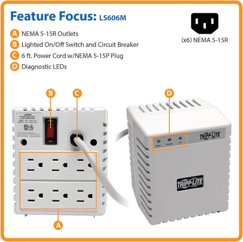 Tripp Lite LS606M Power Conditioner for Audio Equipment, Appliances, Home Theater & More | 600W, 120V, 6 Outlets, Voltage Regulator (AVR), EMI/RFI Filter, Line Conditioner, 720 Joule Surge Protector