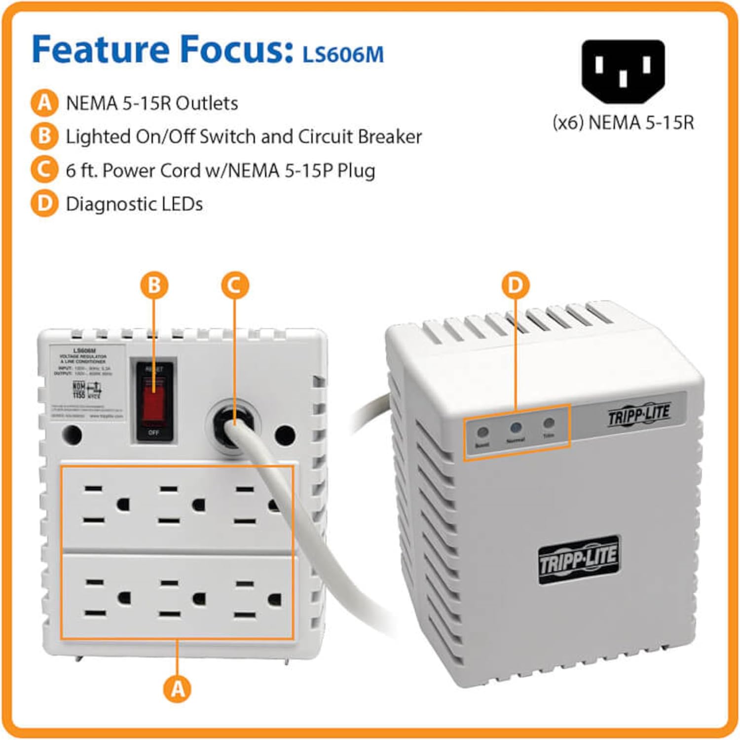 Tripp Lite LS606M Power Conditioner for Audio Equipment, Appliances, Home Theater & More | 600W, 120V, 6 Outlets, Voltage Regulator (AVR), EMI/RFI Filter, Line Conditioner, 720 Joule Surge Protector