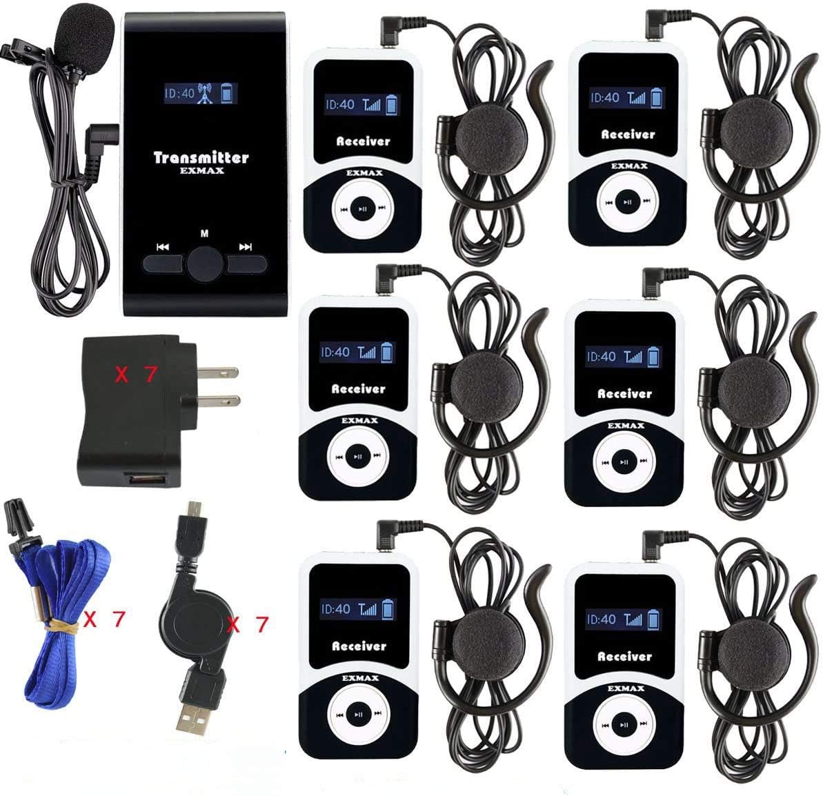 EXMAX ATG-100T 195MHz Wireless Tour Guide System Headsets Voice Transmission For Simultaneous Church Translation Translator Interpretation Equipment Teaching Conference Trip(1 Transmitter 6 Receivers)