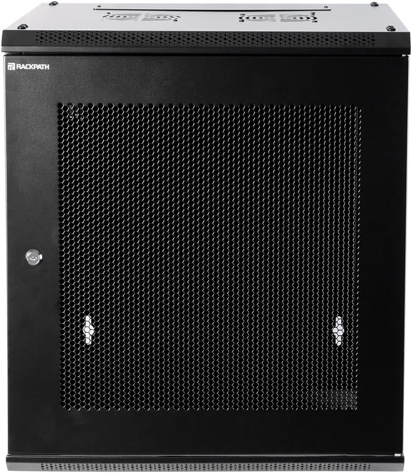 RackPath 12U Wall Mount Server Cabinet Network Rack Enclosure, Quiet Cooling Fan, Perforated Door, Black