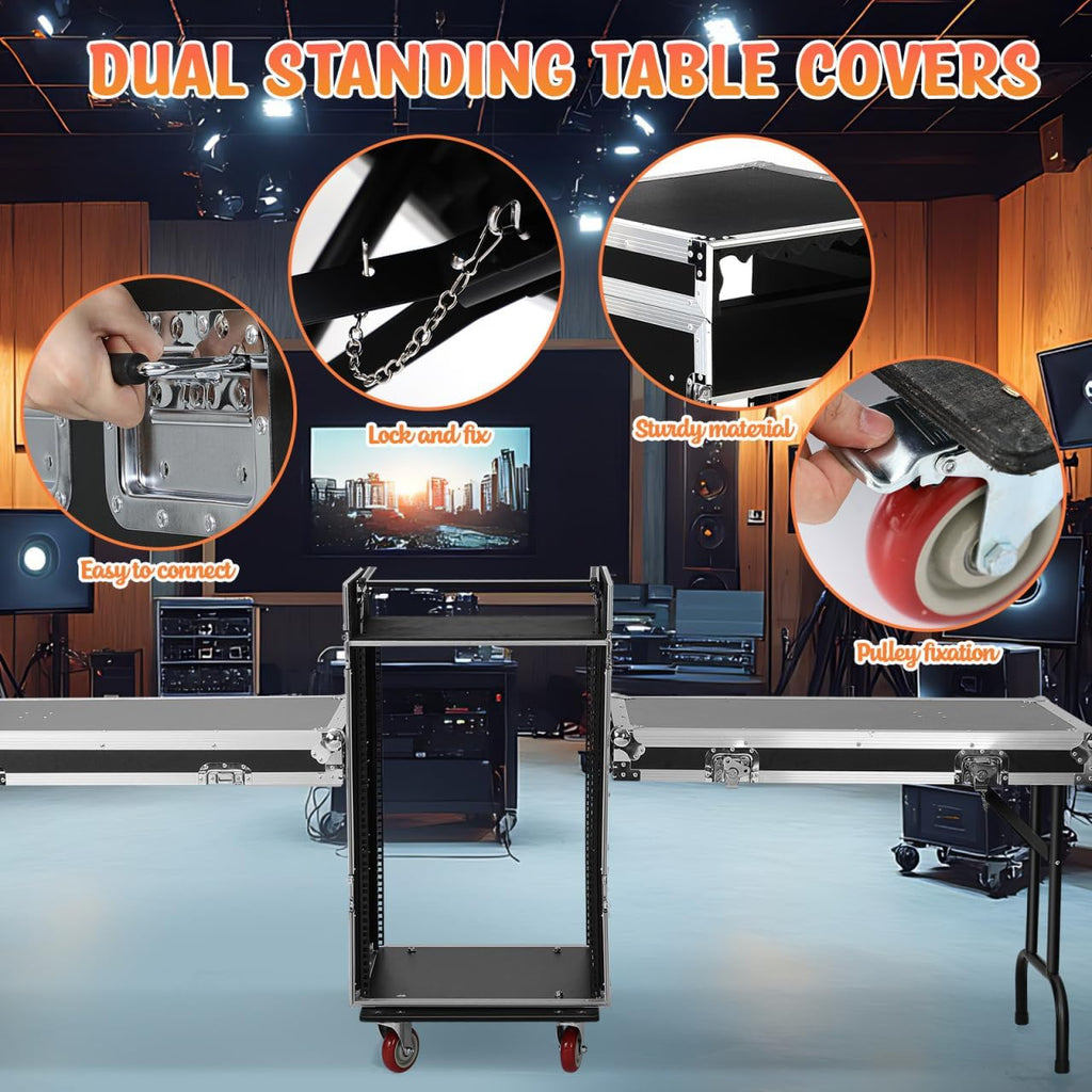 16U Dj Audio Rack, Recording Studio Rack with Top Mixer Workbench, 4 Casters,Two Foldable Dj Bench and Sliding Drawer for Stage Performance and Equipment Storage 38.18 * 28.34 * 20.86in