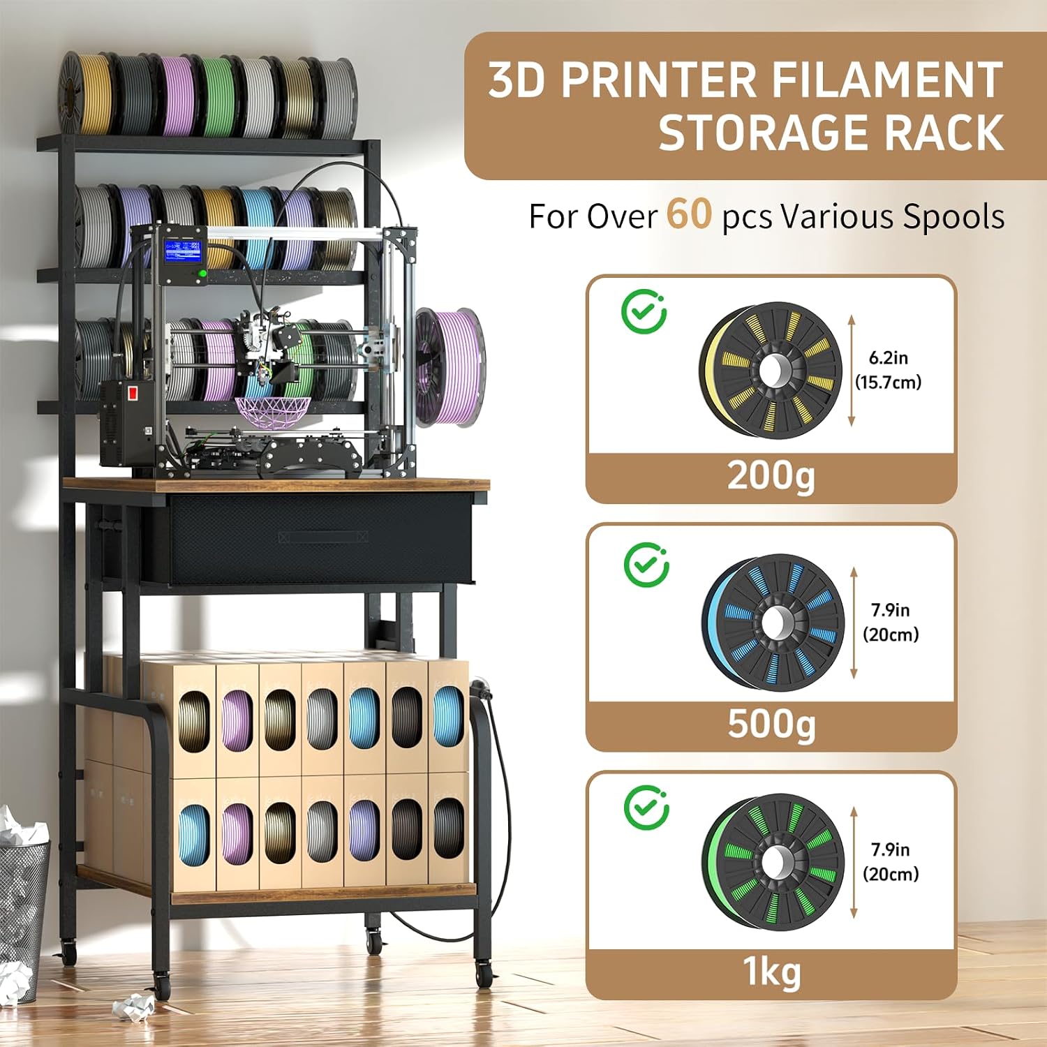 3D Printer Stand with Filament Storage,3D Printer Rack with Storage Drawer，Heavy-Duty 3D Printers Table with Power Outlet，for ABS/PLA/TPU Spools, Home Office Studio Rustic Brown