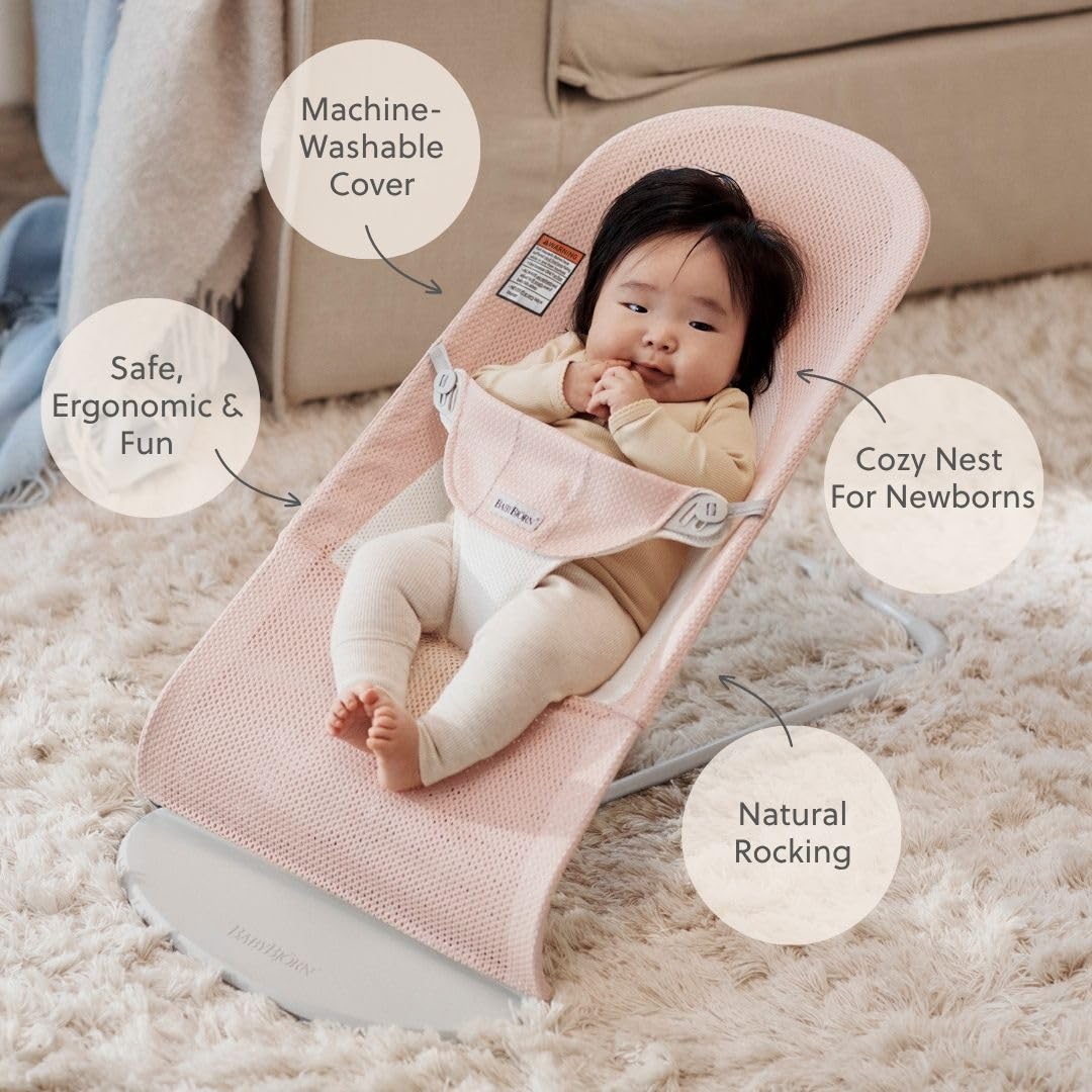 BabyBjörn Bouncer Balance Soft, Light Grey Frame, Mesh, Pearly Pink/White, 2-in-1 Adjustable Baby Bouncer Seat and Toddler Chair, Newborn to Toddler (8-29 lbs), 4 Positions, Lightweight & Portable