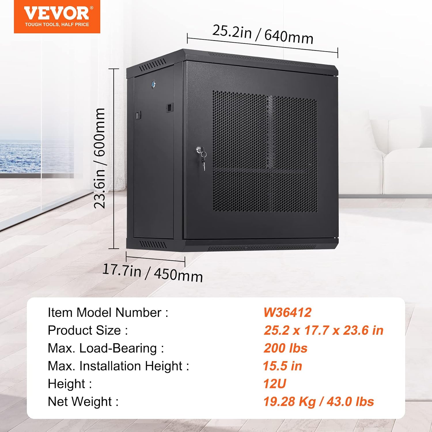 VEVOR 12U Wall Mount Network Server Cabinet, 15.5'' Deep, Server Rack Cabinet Enclosure, 200 lbs Max. Ground-Mounted Load Capacity, with Locking Door Side Panels, for IT Equipment, A/V Devices