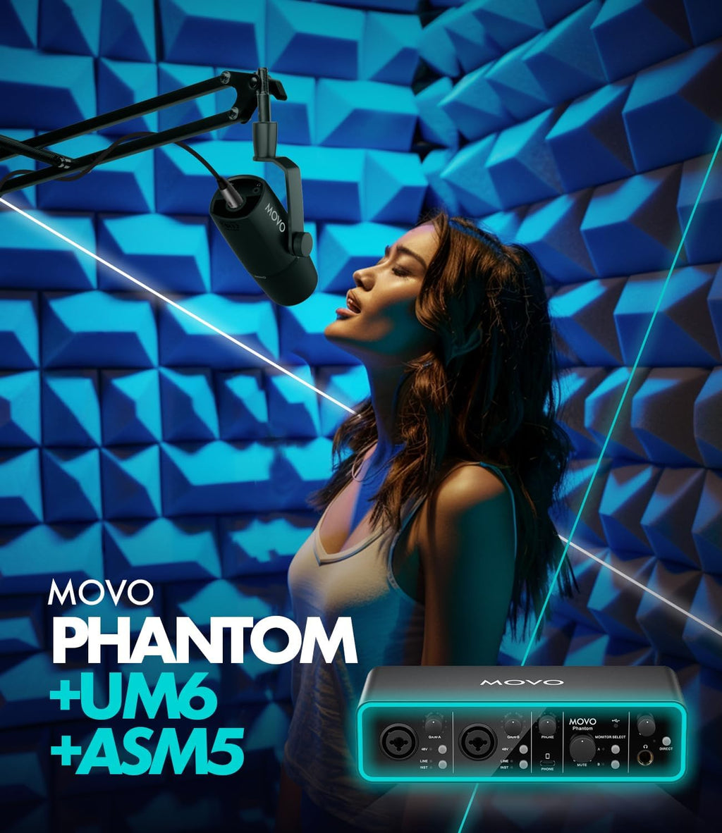 Movo Podcast Equipment Bundle - Phantom USB Audio Interface, 2 UM6 XLR/USB-C Dynamic Microphones, and 2 Boom Arms - Professional Dual Microphone Setup for Podcasting and Streaming