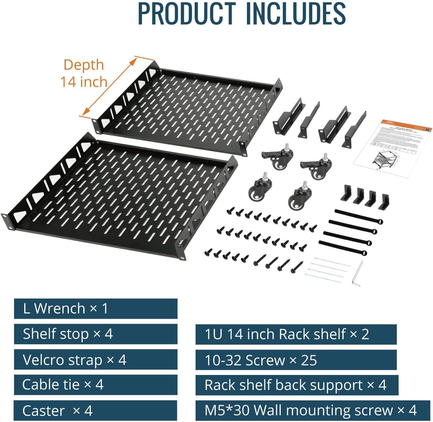 TECMOJO 12U Open Frame Network Rack for IT & AV Gear, 4-Post With Casters, Mobile With 2 PCS 1U Server Shelf & Mounting Hardware, for 19' Network, Audio and Video Device