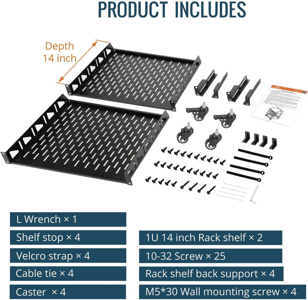TECMOJO 20U Open Frame Network Rack for IT & AV Gear, 4-Post With Casters, Mobile With 2 PCS 1U Server Shelf & Mounting Hardware, for 19' Network, Audio and Video Device