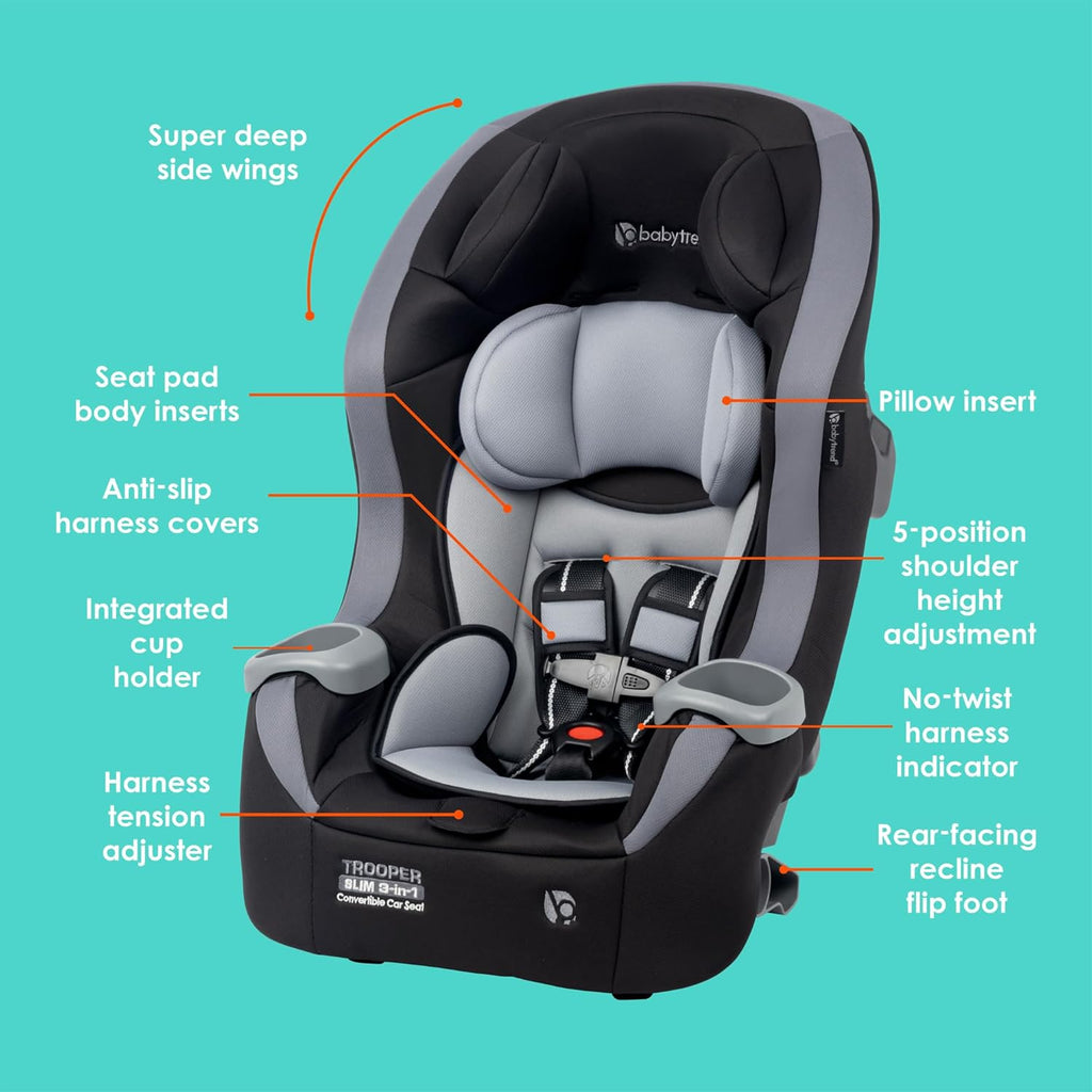 Baby Trend Trooper™ Slim 3-in-1 Convertible Car Seat, Dash Black – Slim Fit, 3-in-1 Growth Modes, Lightweight Design, Adjustable Comfort Padding