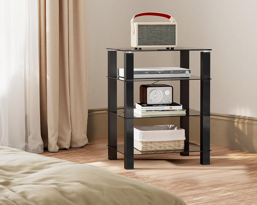 FITUEYES 4-Tier Media Stand Audio/Video Component Cabinet with Glass Shelf for Xbox One/ps4 AS406002GB