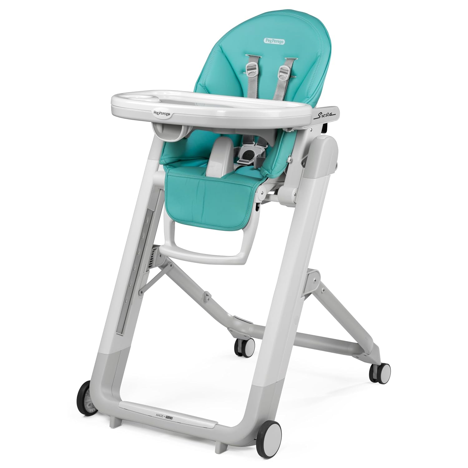 Peg Perego Siesta, Grow with Baby Folding High Chair & Recliner, Height Adjustable, Quick Clean & Easy Push Wheels for Babies & Toddlers, Made in Italy, Tahiti (Ocean Turquiose)