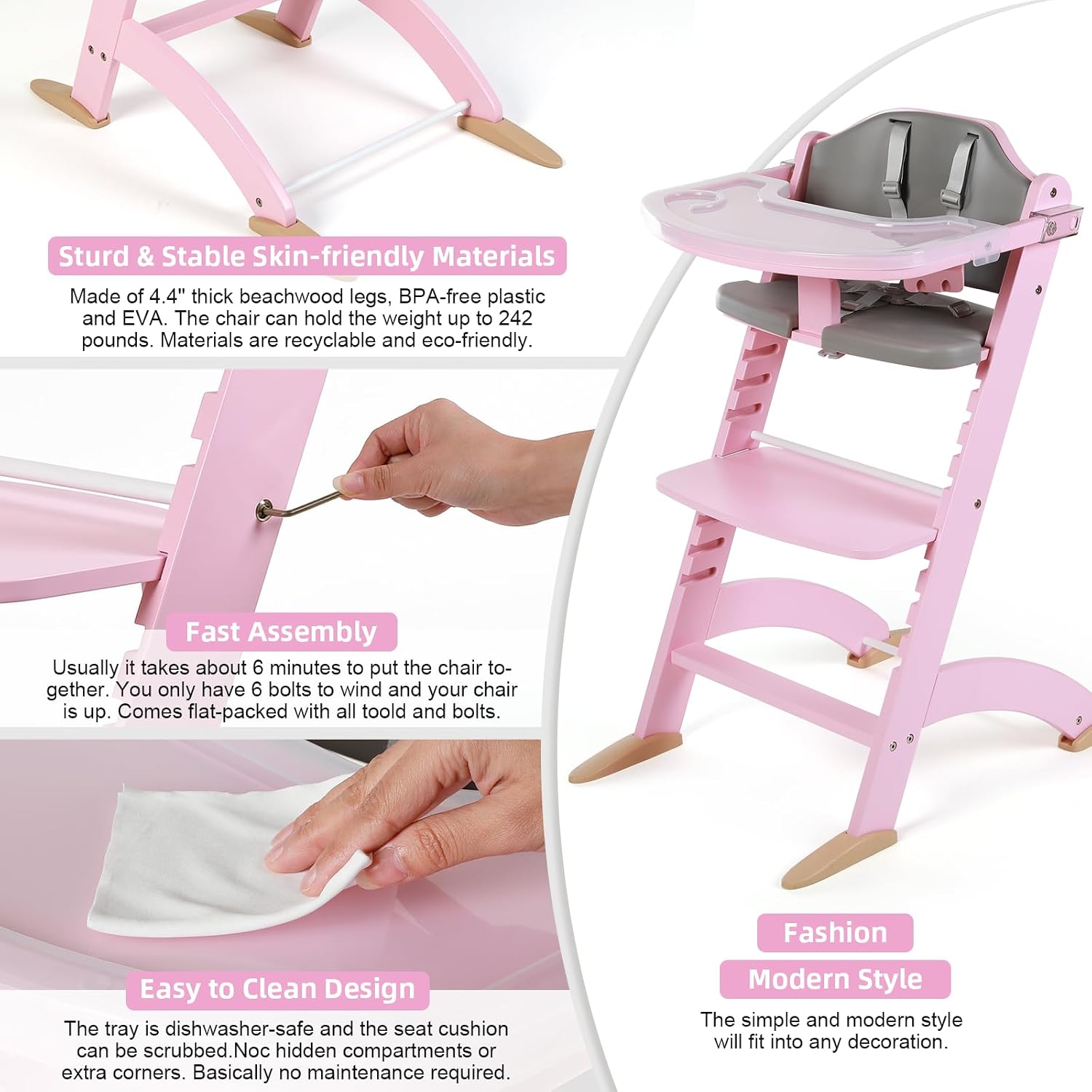 Cowiewie New Upgrade 3-in-1 Convertible Wooden High Chair for Babies & Toddlers 10 Levels Adjustable 3-Tier Remove 2 Waterproof Cozy Cushions Pink