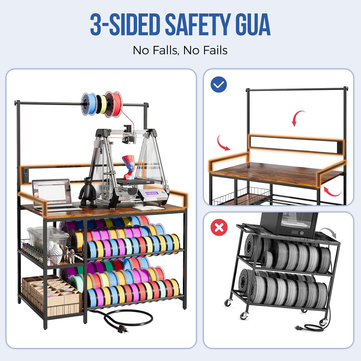 HavenlyYouth 3D Printer Stand with Filament Storage, 41' x 23.6' x 57.4' Large 3D Printer Table with 1 Charging Station, Heavy Duty Printer Shelf with Spools Holder Racks and Storage Baskets