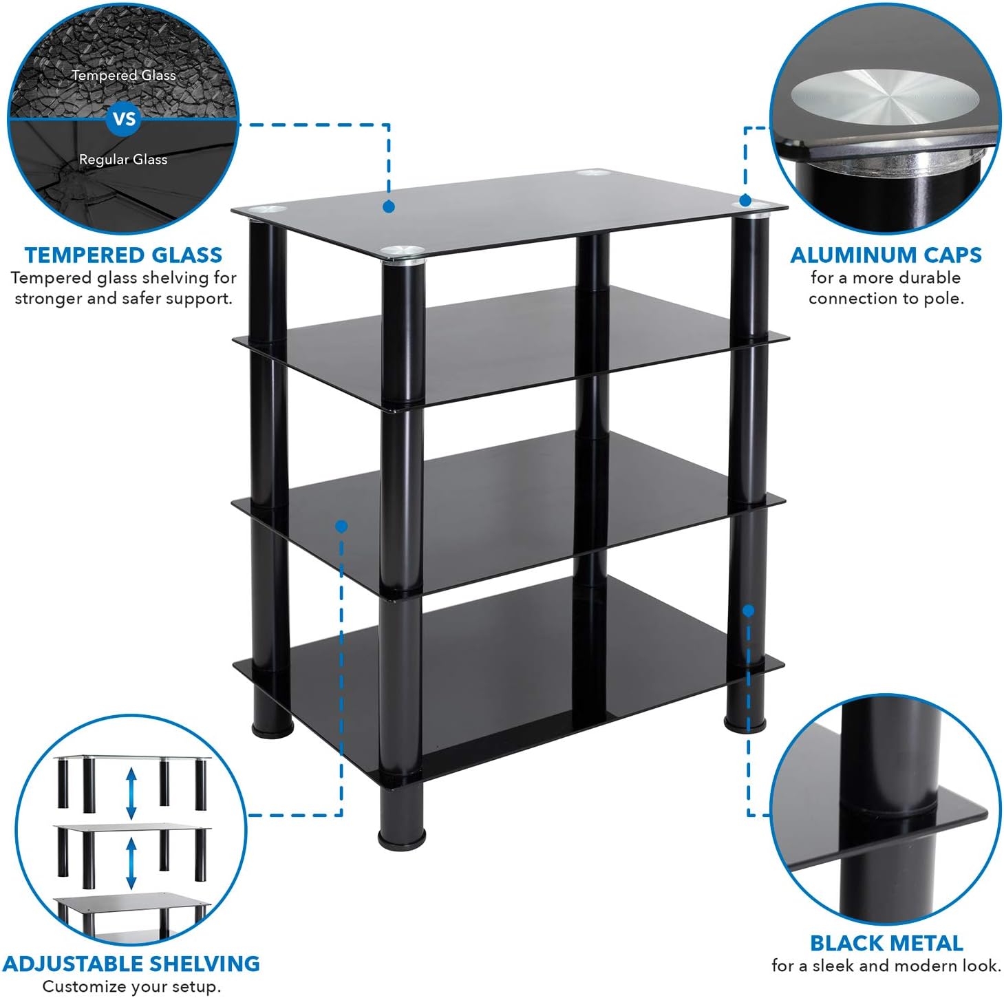 Mount-It! Tempered Glass AV Component Media Stand, Audio Tower and Media Center with 4 Shelves, 88 Lbs Capacity, Black Silk (MI-8670)