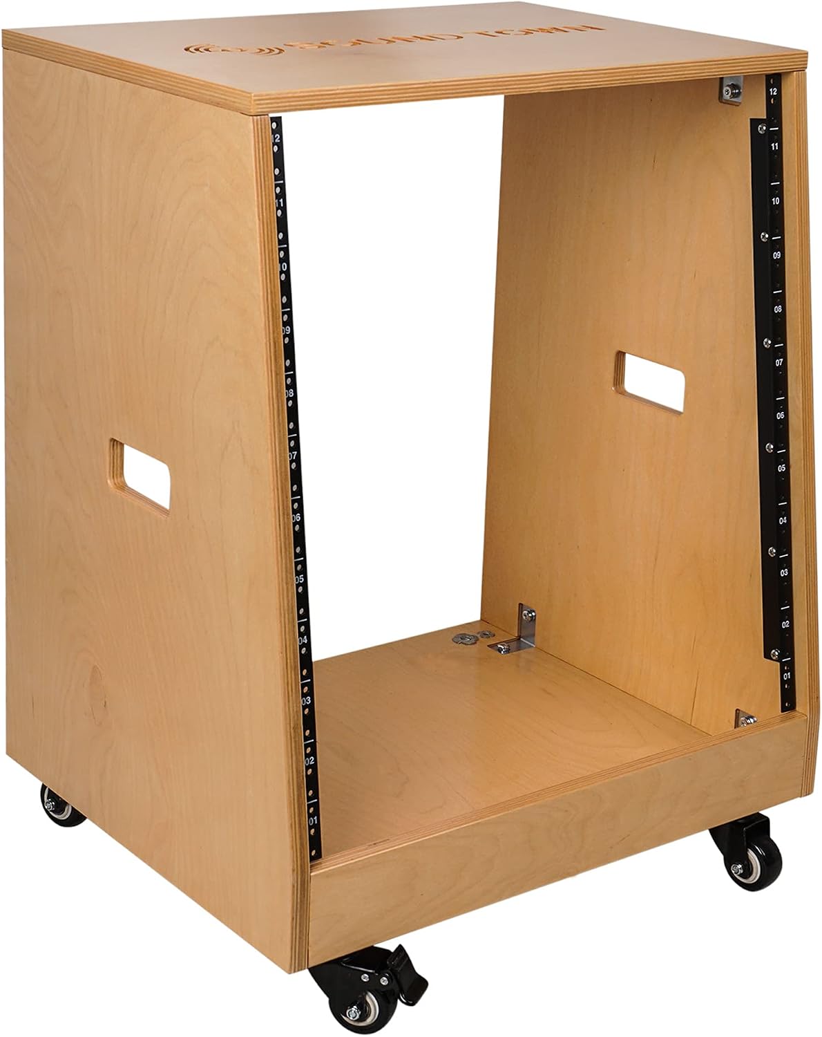 Sound Town DIY Solid Baltic Birch Plywood Slanted 12U Studio Rack, Golden Oak, Rubber Feet, Casters (SDRK-12T)