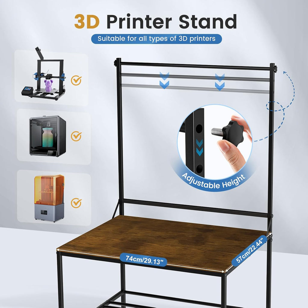 3D Printer Stand with Filaments Storage, 29.13'L x 22.44'W 3D Printer Table Filament Organizer Spools Holder Racks with Removable Basket, Hold Spool PLA, ABS, PETG for Workshop Studio Office (Brown)