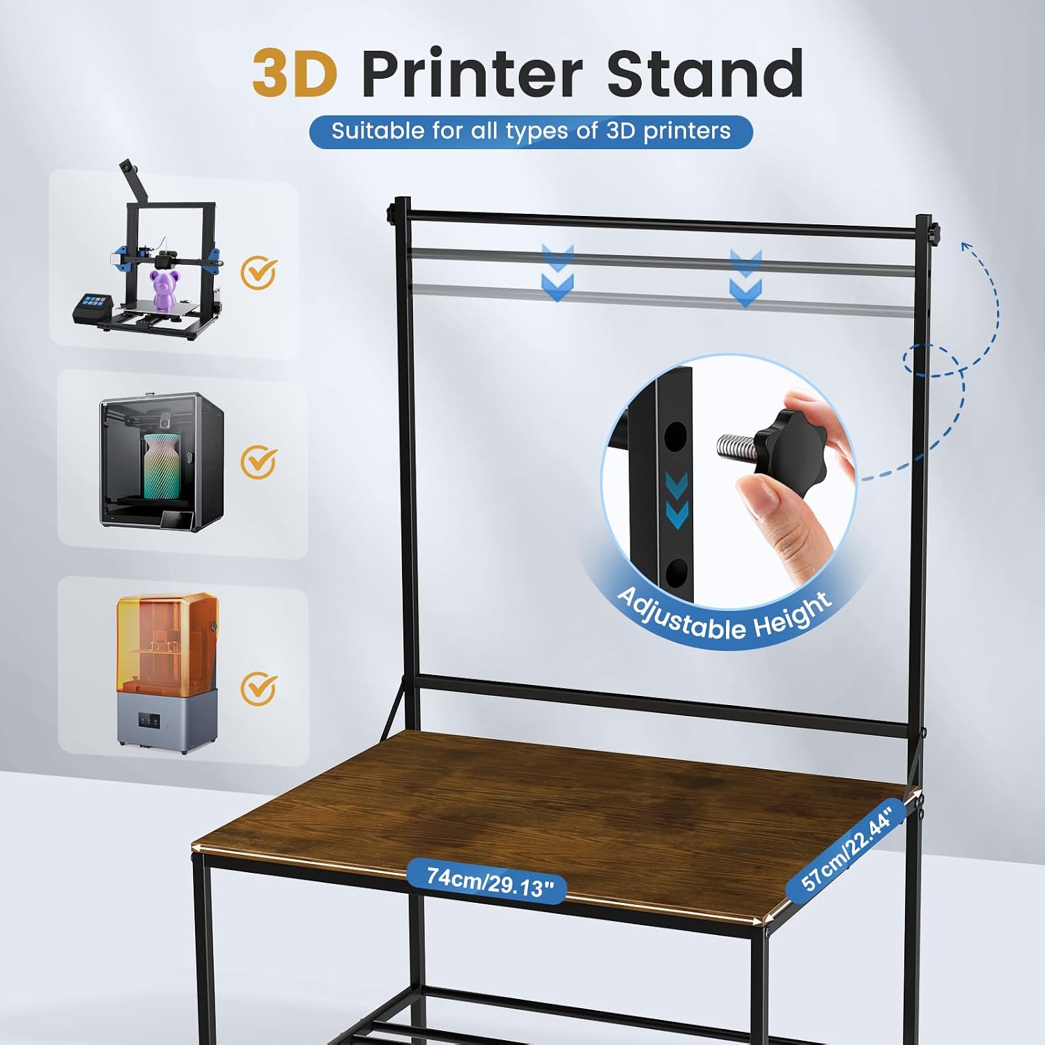 3D Printer Stand with Filaments Storage, 29.13'L x 22.44'W 3D Printer Table Filament Organizer Spools Holder Racks with Removable Basket, Hold Spool PLA, ABS, PETG for Workshop Studio Office (Brown)