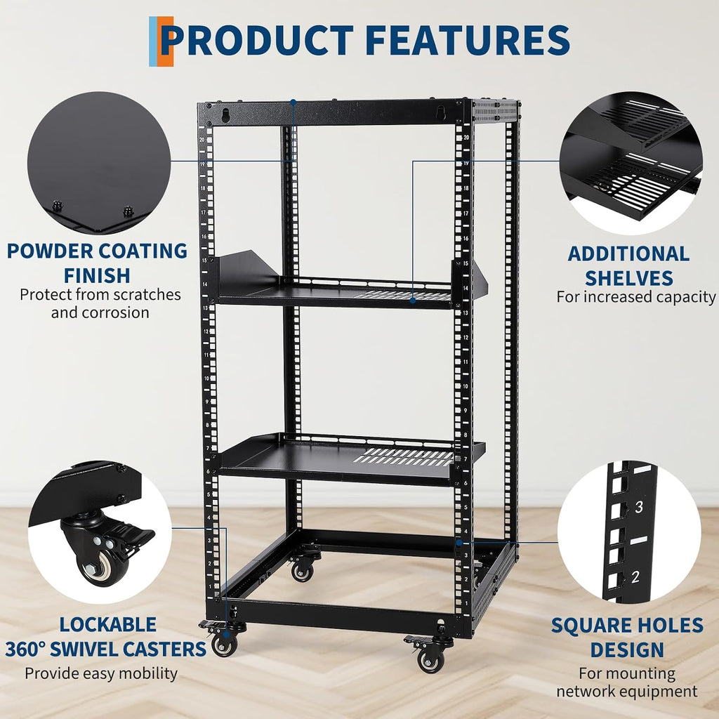 GarveeTech 20U Open Frame Server Rack, 23 in -40 in Adjustable Depth, Wall Mount & Free Standing Network Rack with 4 Lockable Casters & 2pcs 1U Server Rack Shelf, Holds All Your IT/AV Equipment Rack