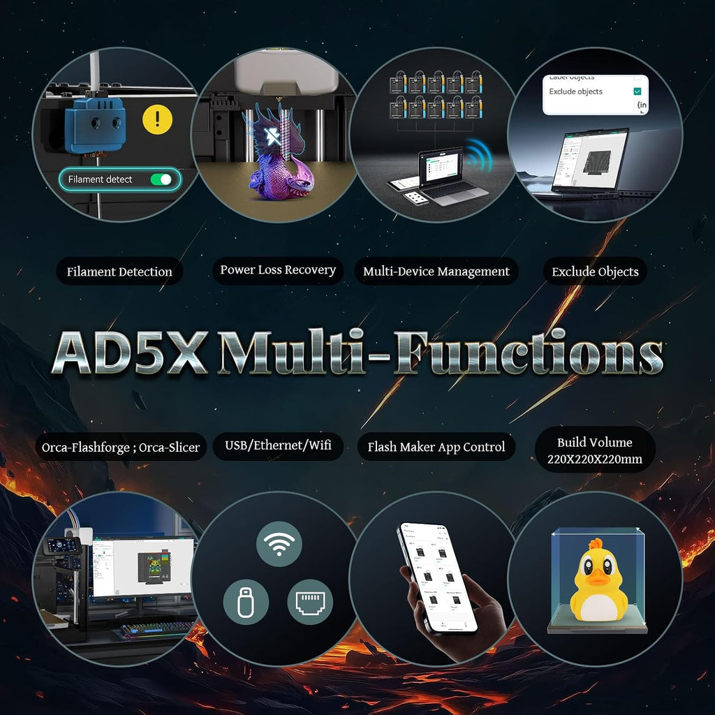 FLASHFORGE AD5X 3D Printer,Multi-Color 3D Printing,Max 600mm/s High Speed,Fully Auto Leveling,Large Flow High Temp Direct Extruder,Print Smooth & Precision,220x220x220mm Build Volume