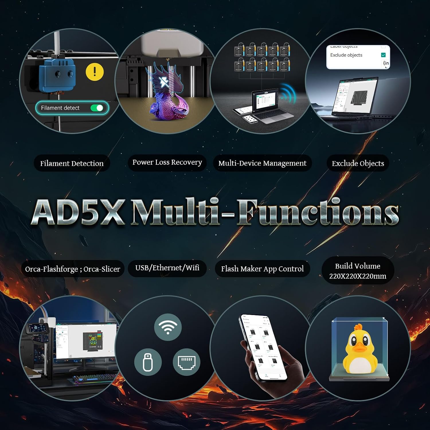 FLASHFORGE AD5X 3D Printer,Multi-Color 3D Printing,Max 600mm/s High Speed,Fully Auto Leveling,Large Flow High Temp Direct Extruder,Print Smooth & Precision,220x220x220mm Build Volume